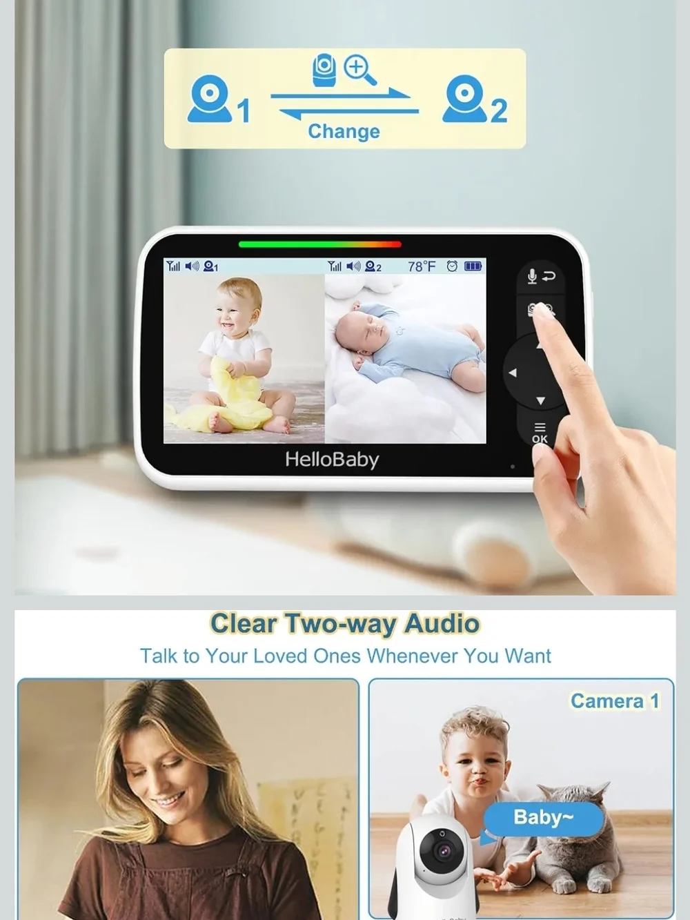 HelloBaby Baby Monitor with Dual Cameras - White